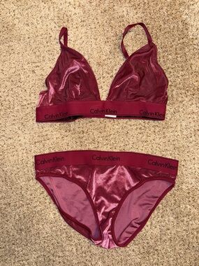 Calvin Klein Burgundy Velvet Bralette & Bikini Set